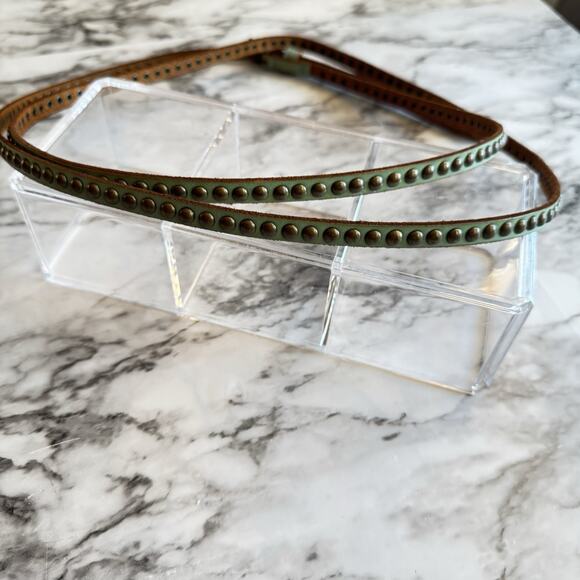 Leather Double Wrap Brass Tone Studded Skinny Belt Turquoise - Picture 2 of 8